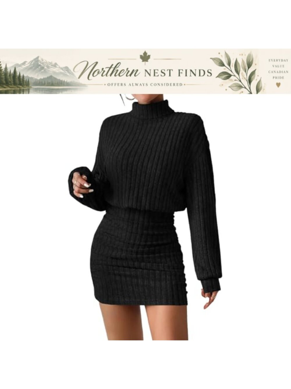 Mock Neck Sweater Dress Long Lantern Sleeve Bodycon Pullover Mini